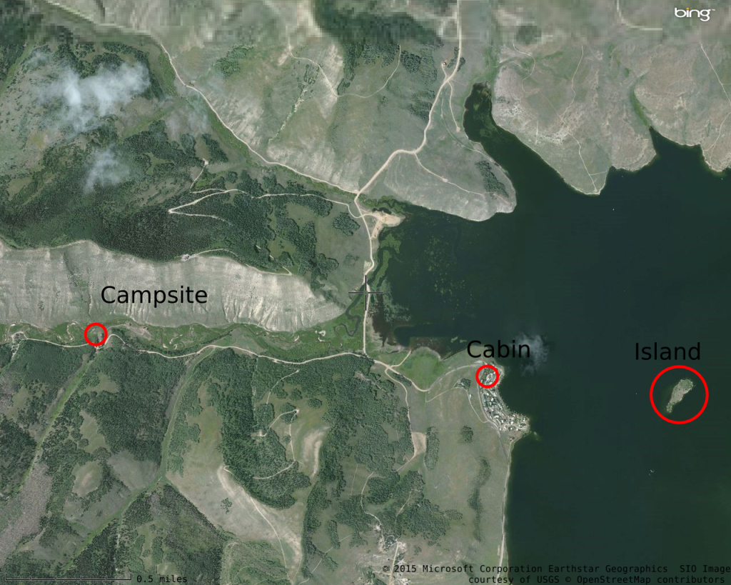 Overview of Scofield Reservoir with the approximate locations of our campground, Cort's cabin, and the island where most of our nautical adventures took plance.